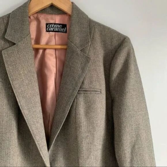 Vintage wool blazer herringbone oversized jacket Parisian preppy style Medium - Picture 3 of 8